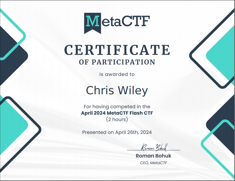 MetaCTF April 2024 Certificate