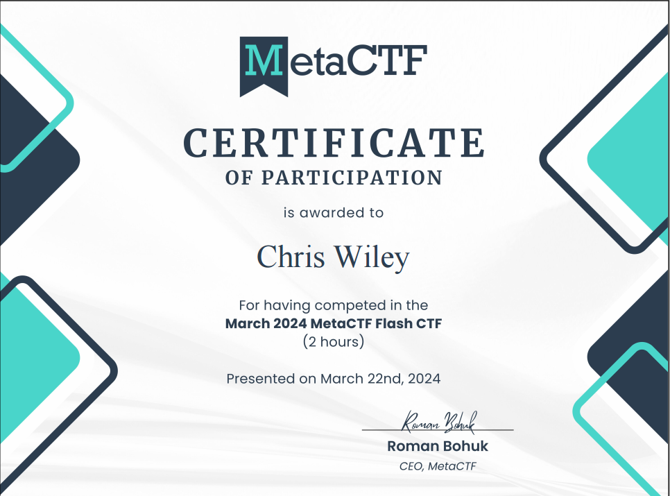 MetaCTF March 2024 Certificate