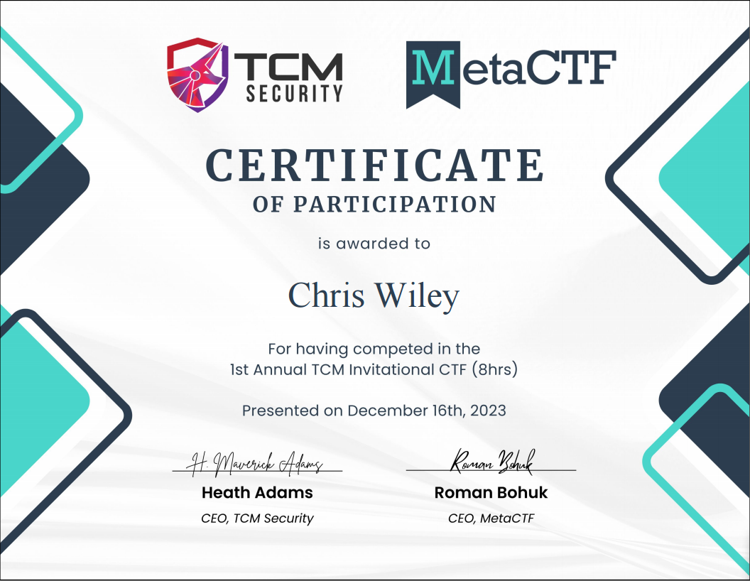 TCM MetaCTF Invitational 2023 Certificate